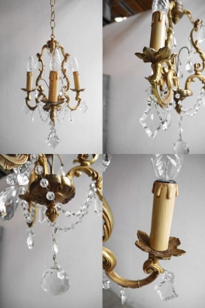画像2: アンティーク　ブラス製　3灯　ガラス装飾シャンデリア