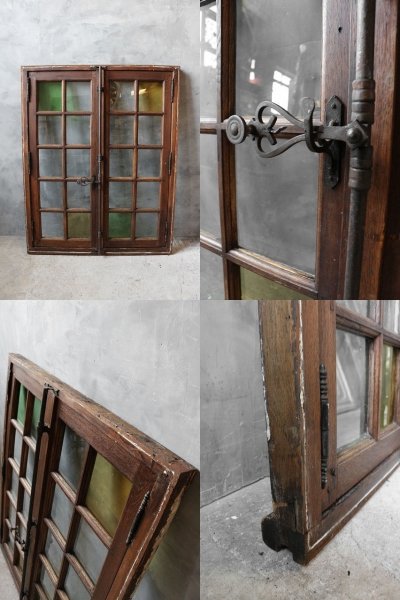 画像1: アンティーク ガラス窓枠 枠付き2枚セット B