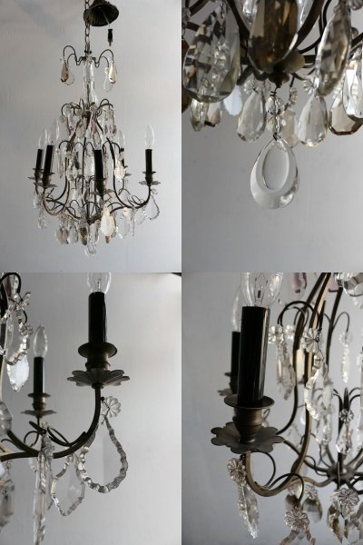 画像2: アンティーク ピューター製 6灯 ガラス装飾シャンデリア