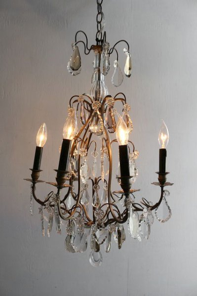 画像1: アンティーク　ピューター製　6灯　ガラス装飾シャンデリア (1)