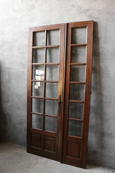画像1: アンティーク　大型　ガラス×ウッドドアセット　A (1)