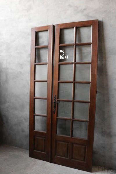 画像1: アンティーク　大型　ガラス×ウッドドアセット　Ｂ (1)