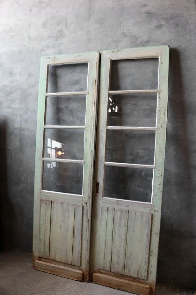 画像1: アンティーク　大型　ガラス×ウッドドアセット (1)