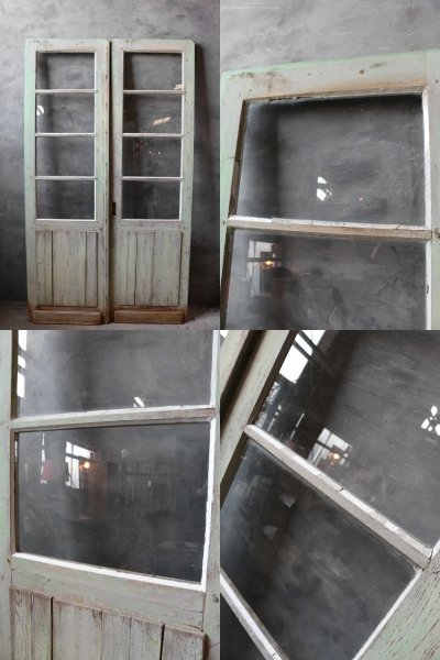 画像1: アンティーク 大型 ガラス×ウッドドアセット