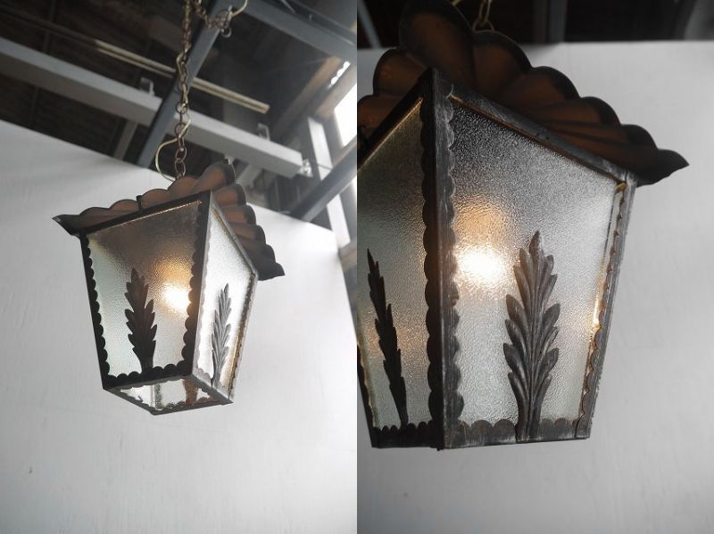 アンティーク　フランス Maison 　Arlus　ガラスシェード　4灯吊り下げランプ [pc-247]　ライト